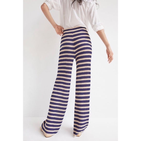 NWT ANTHROPOLOGIE FLAT WHITE STRIPED KNIT PANTS IN NAVY - Picture 4 of 10